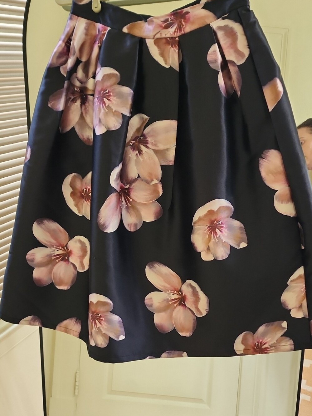 Floral Pleated A-Line Skirt - Navy with Pink Blossoms